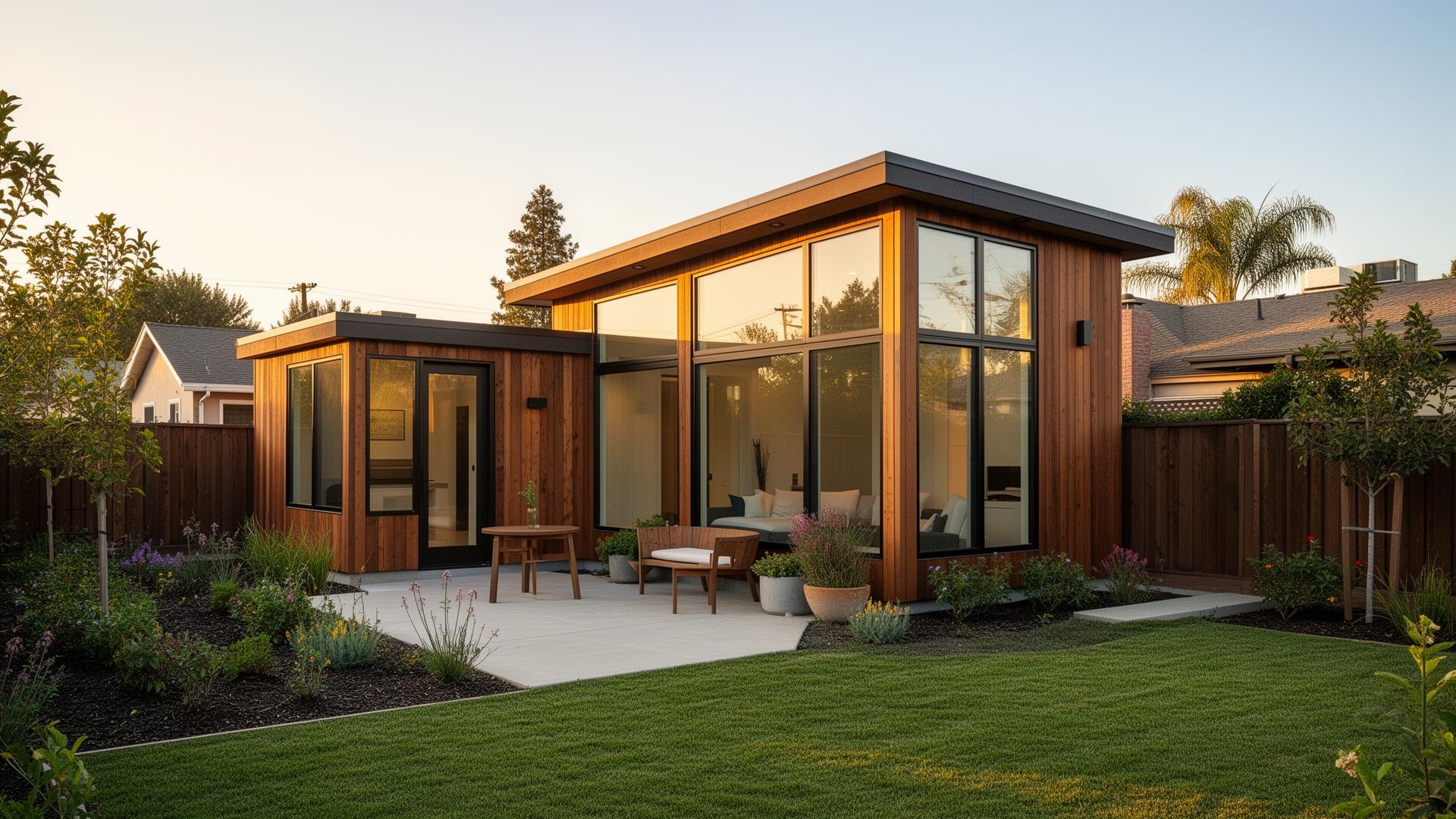 Modern accessory dwelling unit ADU with wood siding and large windows in Sacramento County backyard