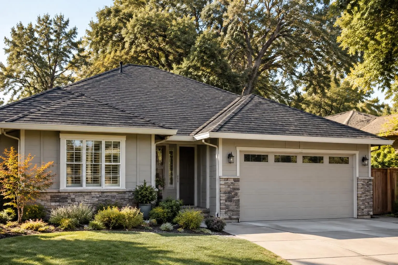 Illustrative Sacramento area home with a charcoal shingle roof, ridge line and eaves visible