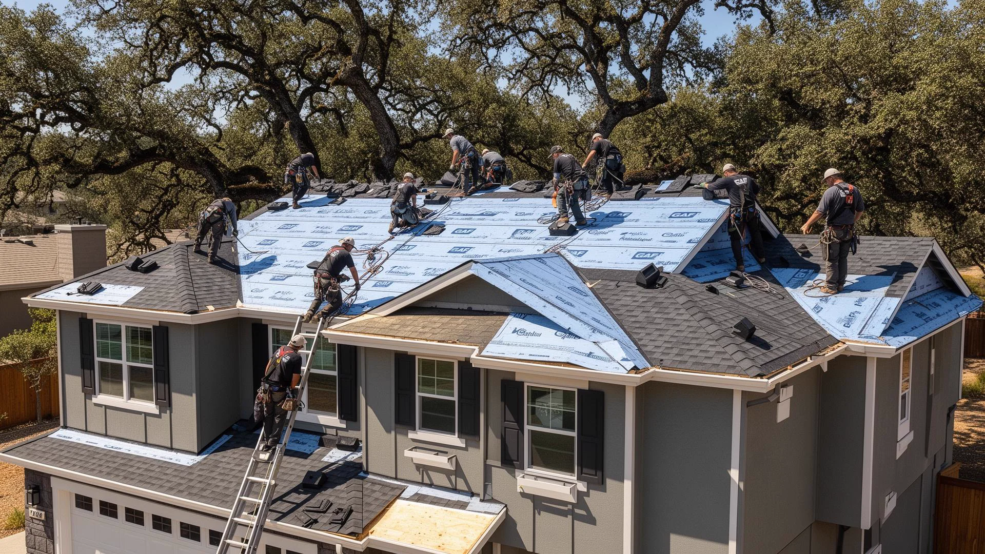 Aerial view of completed GAF architectural shingle roof on Whitney Ranch home in Rocklin California