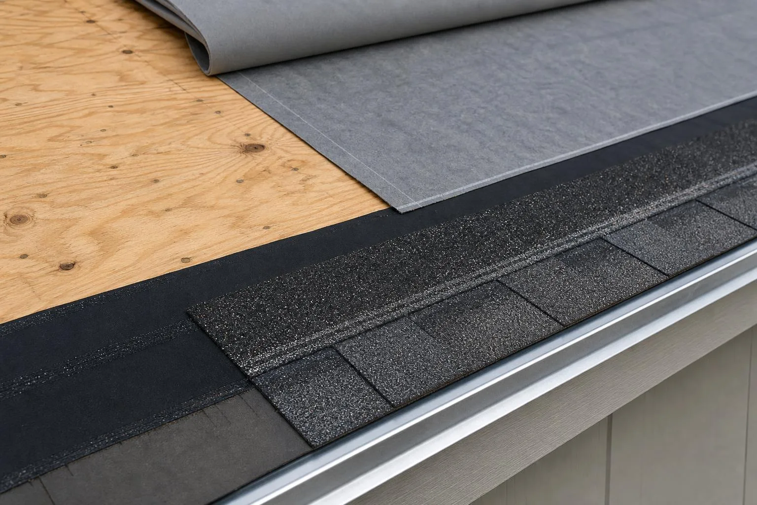 Close up of a roof under construction showing plywood decking, black self adhered leak barrier, gray synthetic underlayment, metal drip edge, and starter shingles at the eave