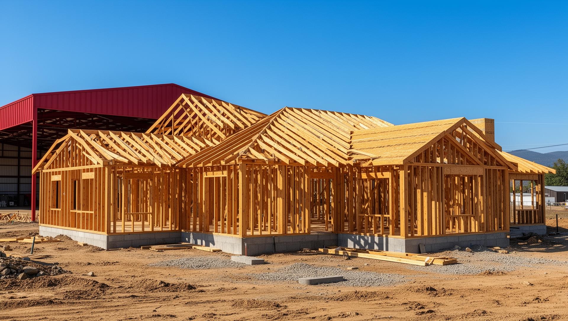 Custom home under construction in Placer County with red iron steel building in background