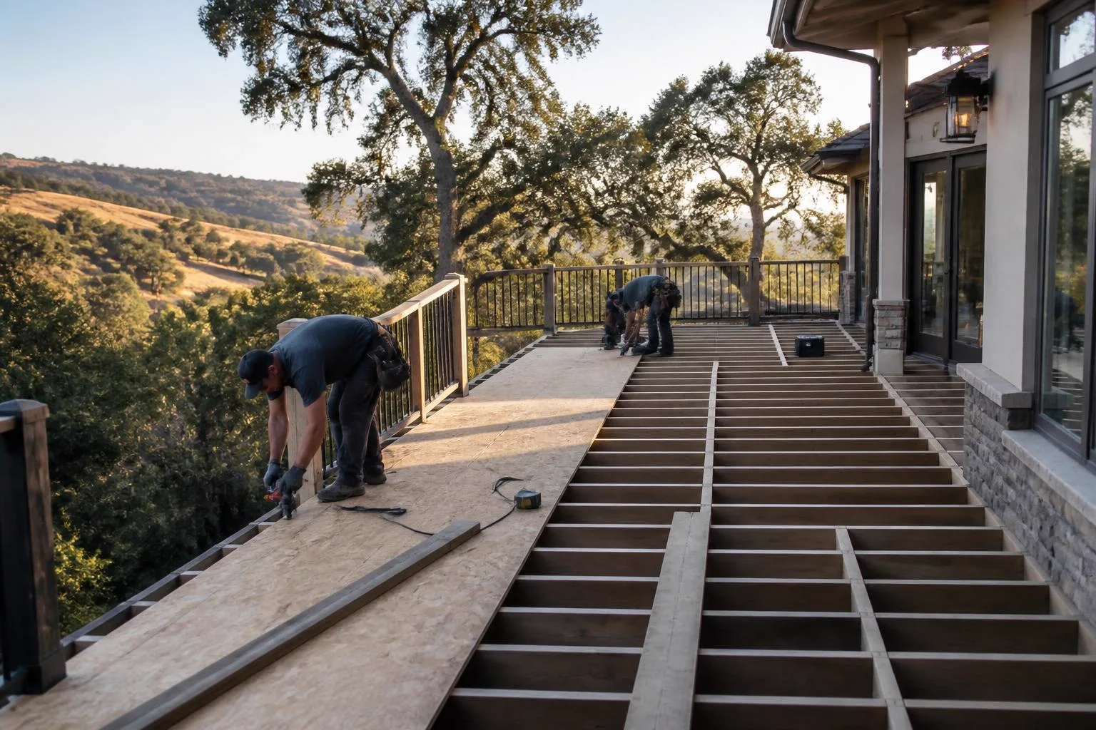 Construction crew rebuilding an elevated waterproof deck substrate on a Granite Bay California hillside home with oak trees in the background