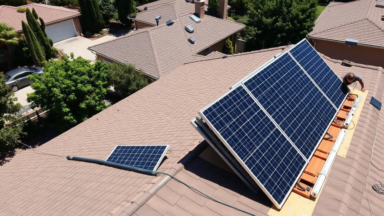 Solar panels temporarily removed and stacked on a roof next to a torn-off roof deck with new underlayment being installed during a reroof in Rocklin California