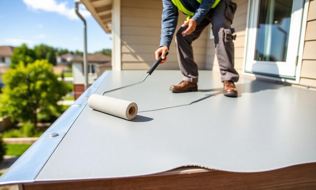 Worker applying gray fiberglass-reinforced elastomeric waterproof deck coating with a roller in Roseville California