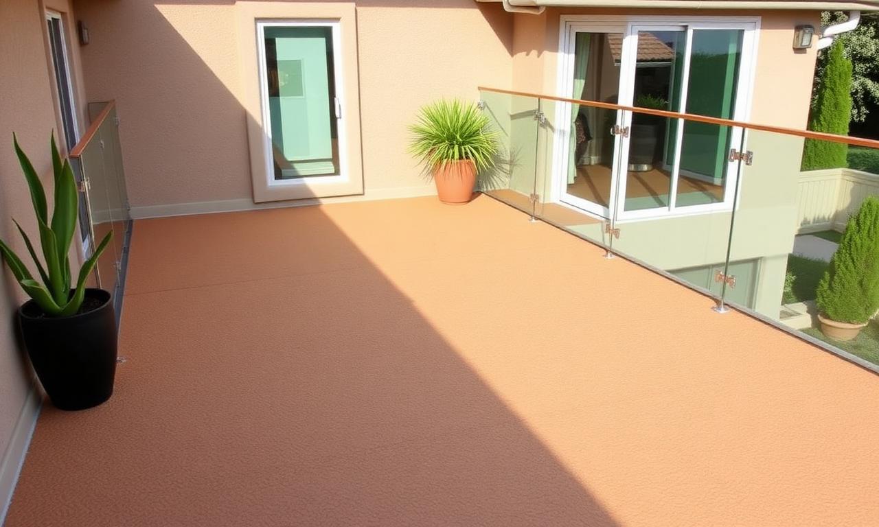 Beautifully finished textured tan waterproof deck on a residential home in Granite Bay California with glass railing