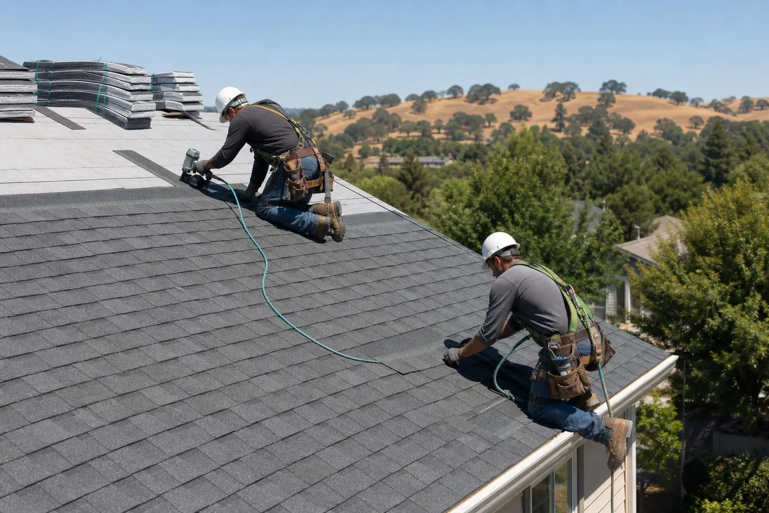 Roofing crew installing charcoal architectural asphalt shingles on the steep roof of a two story home