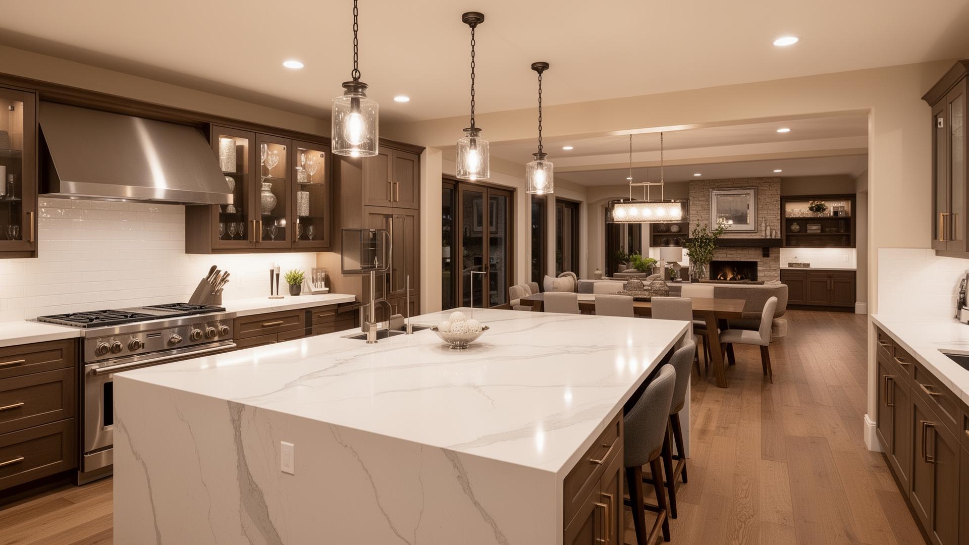 Luxurious modern kitchen remodel with white quartz waterfall countertop and pendant lighting in Granite Bay home