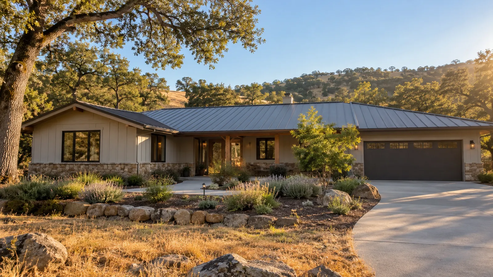 Illustrative Placer County foothill ranch home with a charcoal standing seam metal roof among oak trees