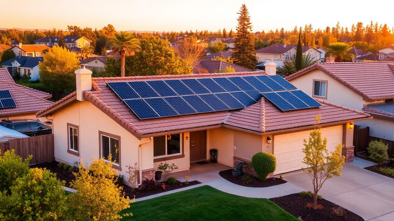 Residential home with properly installed solar panels on roof in Rocklin California suburban neighborhood