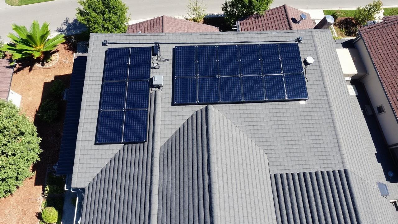 Aerial view of a completed roof replacement with solar panels reinstalled on brand new GAF architectural shingles in Roseville California