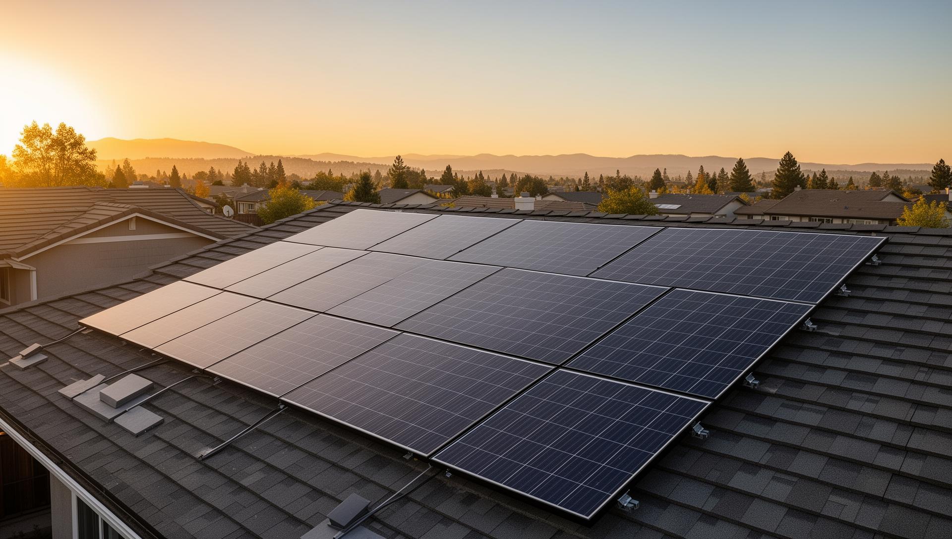 Residential solar panel installation on roof in Rocklin California during golden hour