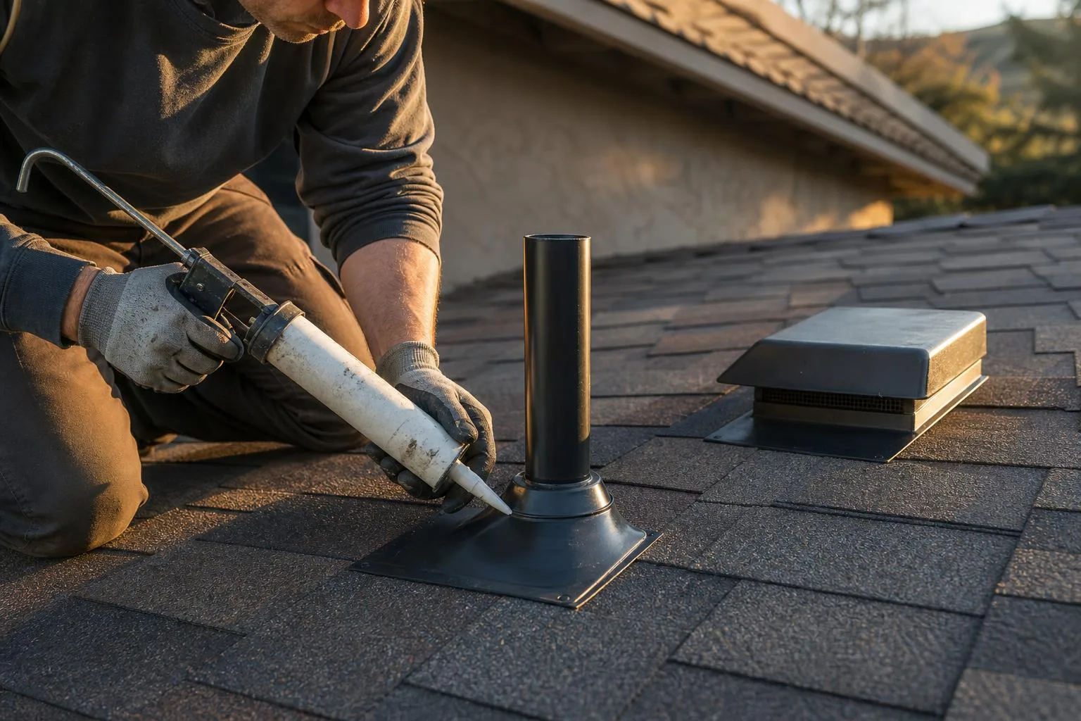 Roofer sealing a flashing detail near new roof vents and a pipe penetration on a stucco home at golden hour