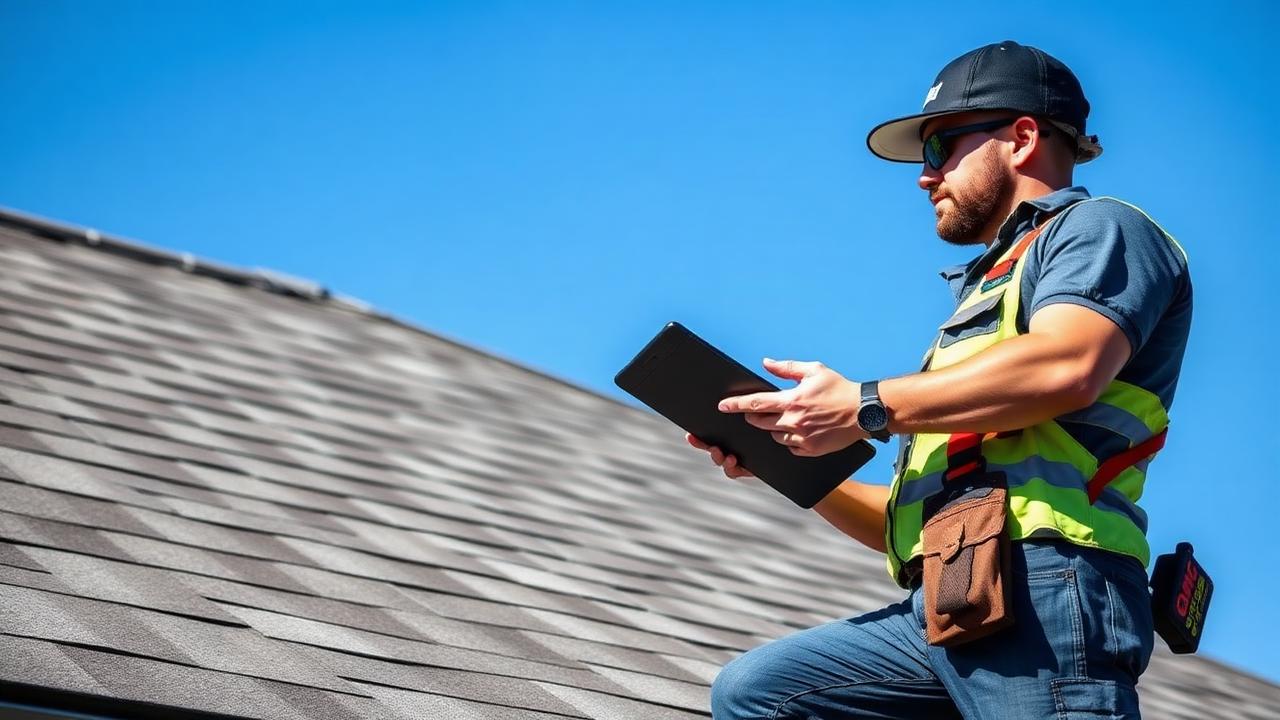 GAF-certified professional roofer in safety gear inspecting an asphalt shingle roof on a Sacramento California home with a tablet