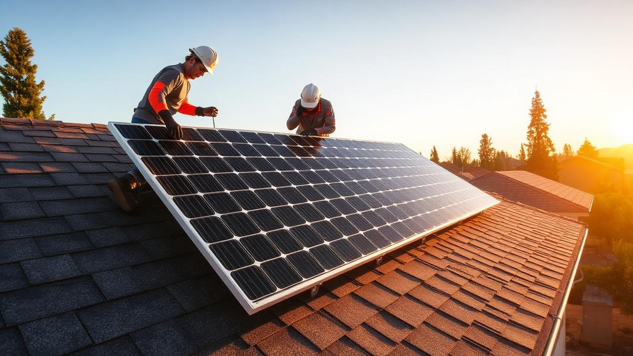 Roofing and solar crew carefully detaching solar panels from a residential asphalt shingle roof during a full roof replacement in Rocklin Placer County California at golden hour