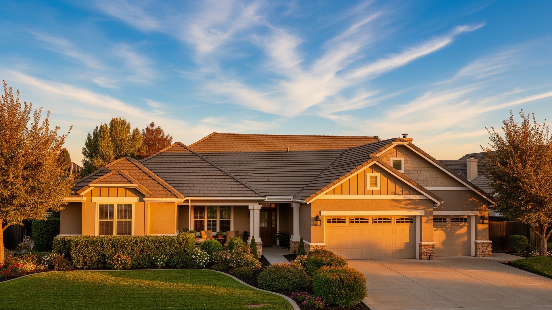 Beautiful suburban home in Roseville California with new architectural shingle roof at golden hour