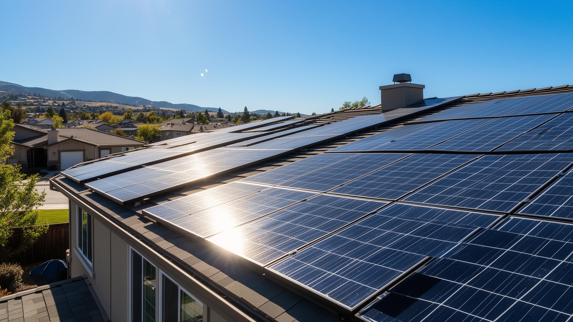 Solar panel installation on residential home roof in Folsom California suburb with sunlight reflection