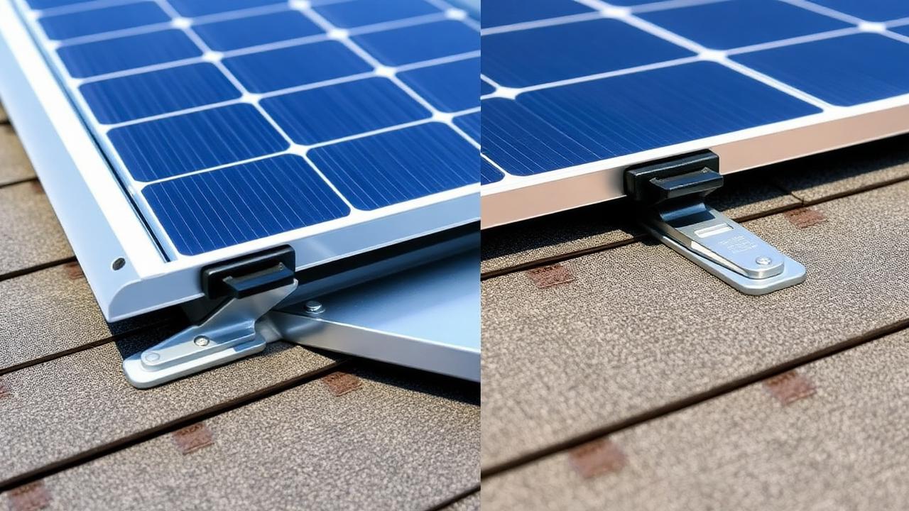 Close-up of solar panel mounting bracket and flashing on asphalt shingle roof showing proper installation details