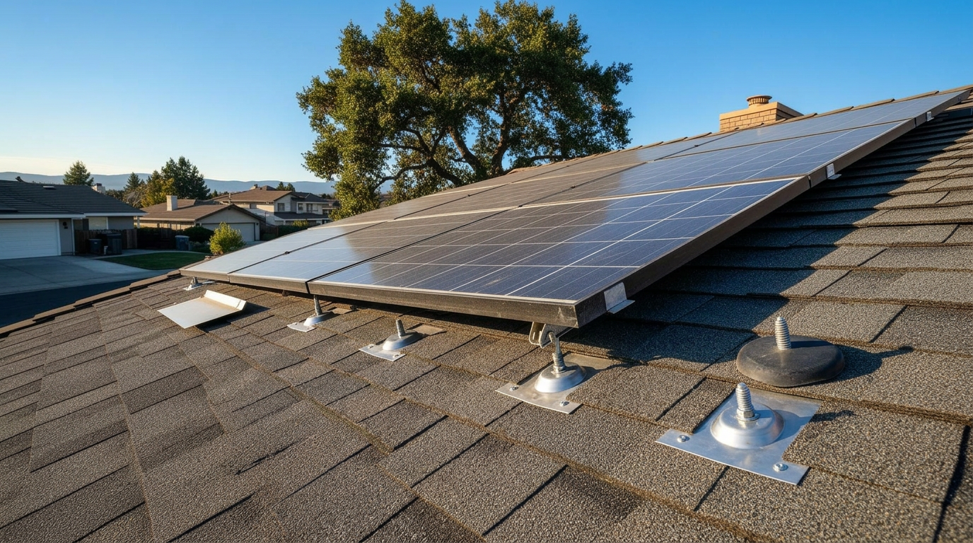After solar roof leak repair in Rocklin California by Pressler Home Performance: brand new aluminum flashing boots properly woven into fresh GAF architectural asphalt shingles at every solar panel lag bolt, dry shingles with no water staining, professional waterproof installation on a Placer County roof
