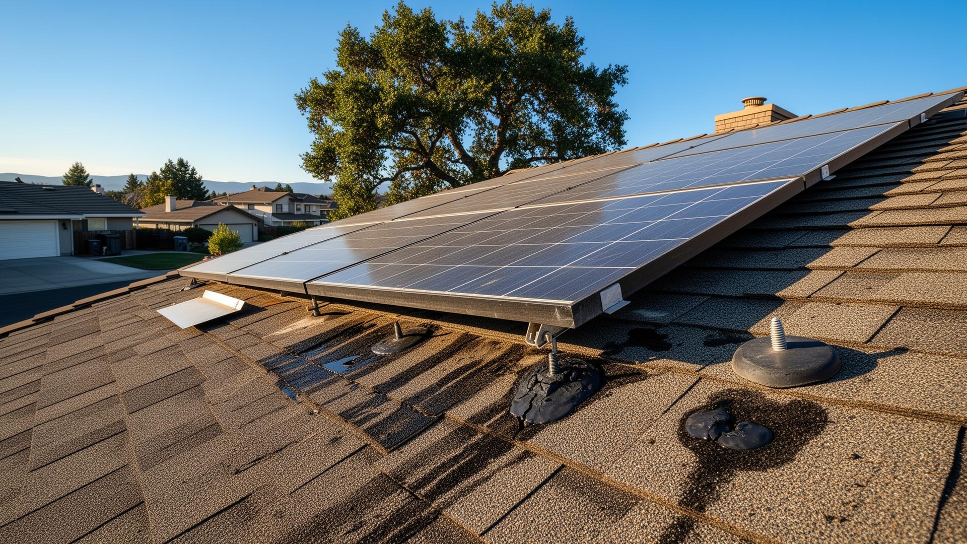 Before solar roof leak repair in Rocklin California: failed black sealant cracking around solar panel lag bolts, dark water stains streaking down weathered asphalt shingles, and a lifted aluminum flashing piece beside the panel array on a suburban Placer County home