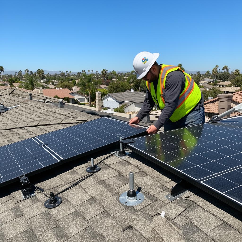 Professional roofing contractor inspecting solar panel mounting points and flashing on residential roof in Rocklin California