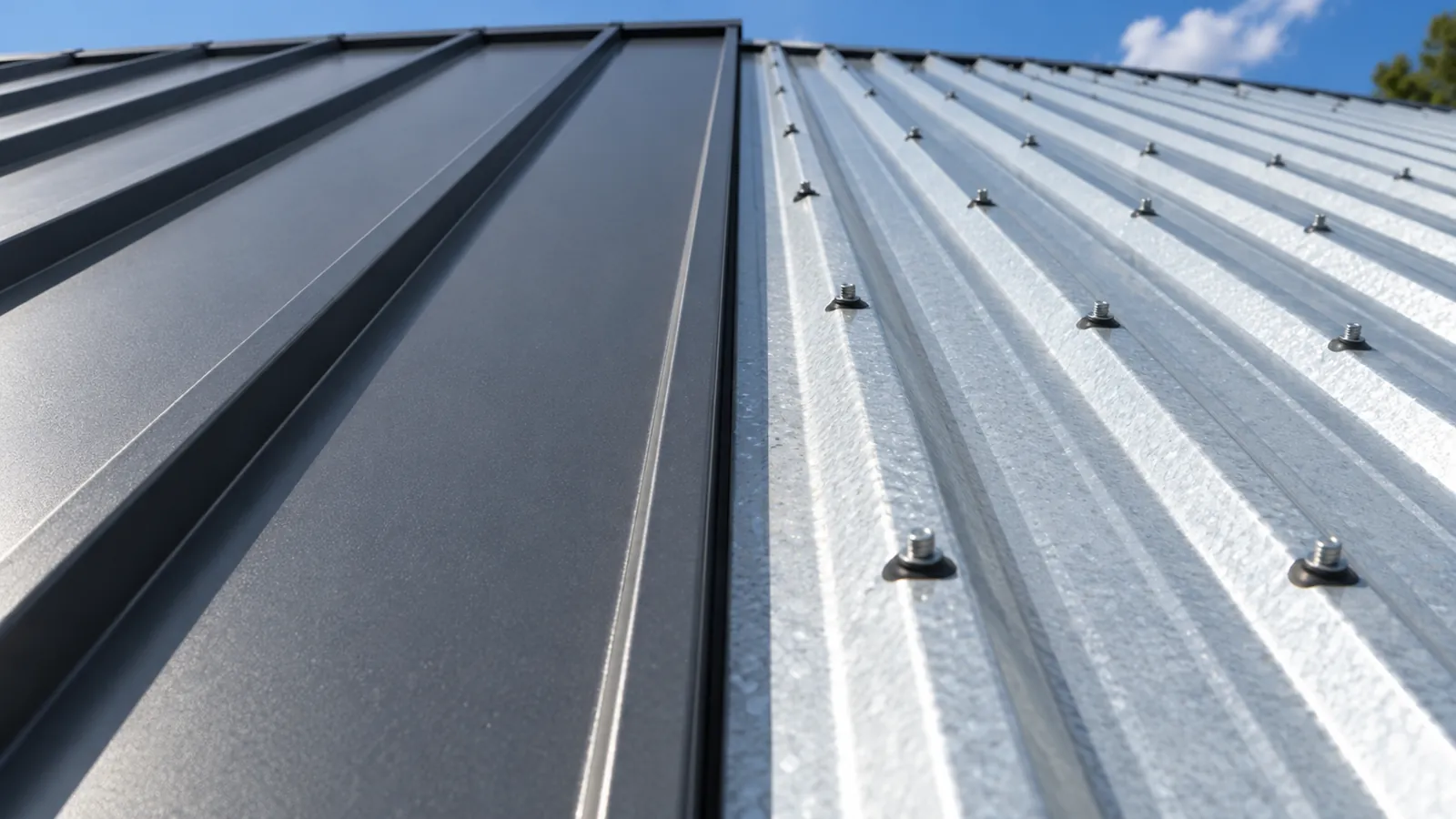 Illustrative close-up comparing a concealed-fastener standing seam panel with an exposed-fastener metal panel showing gasketed screws
