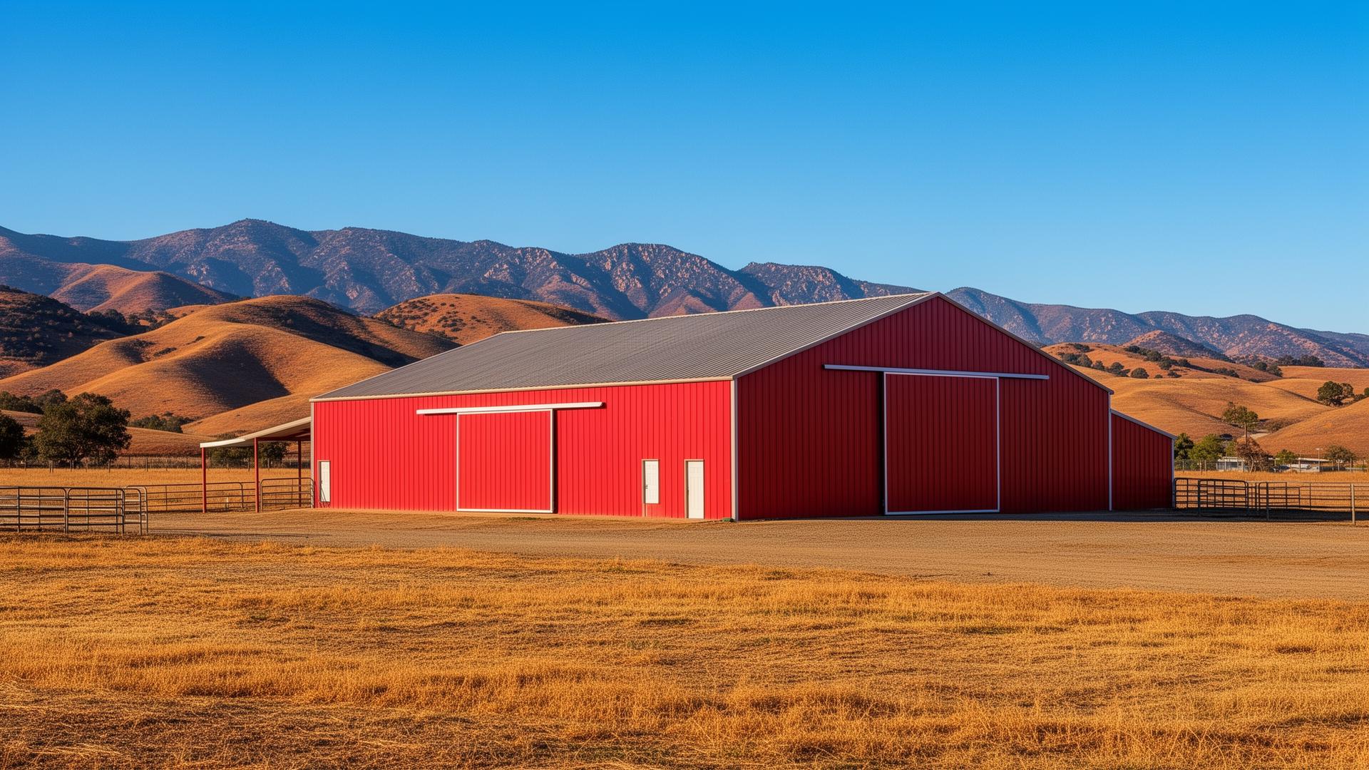 Red iron steel building barn in Auburn California foothills with Sierra Nevada mountains in background
