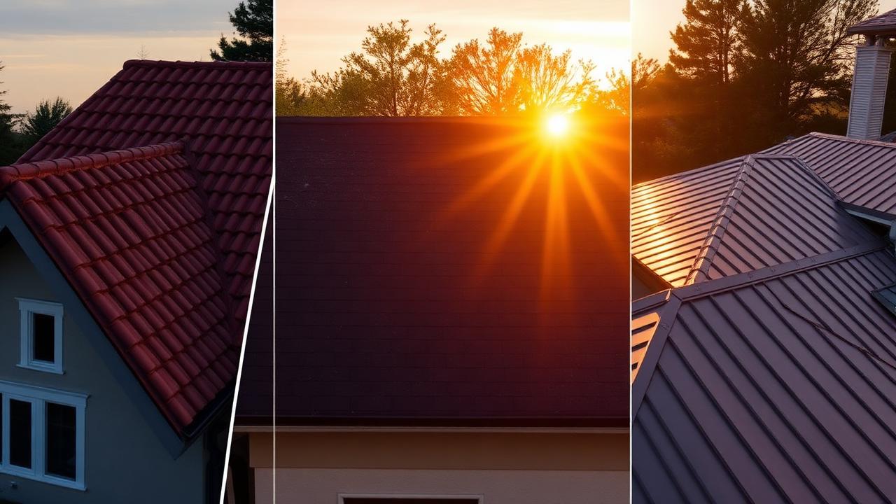Side-by-side comparison of clay tile, asphalt shingle, and standing seam metal roofs on three Northern California homes at golden hour
