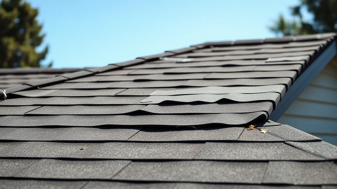 Damaged asphalt shingle roof on a Sacramento California home showing curling shingles and granule loss