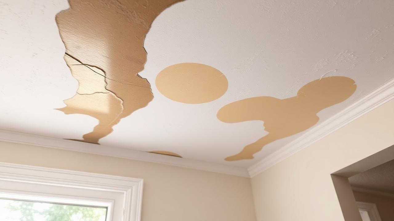 Water damage on interior ceiling caused by solar roof leak showing stains and peeling paint