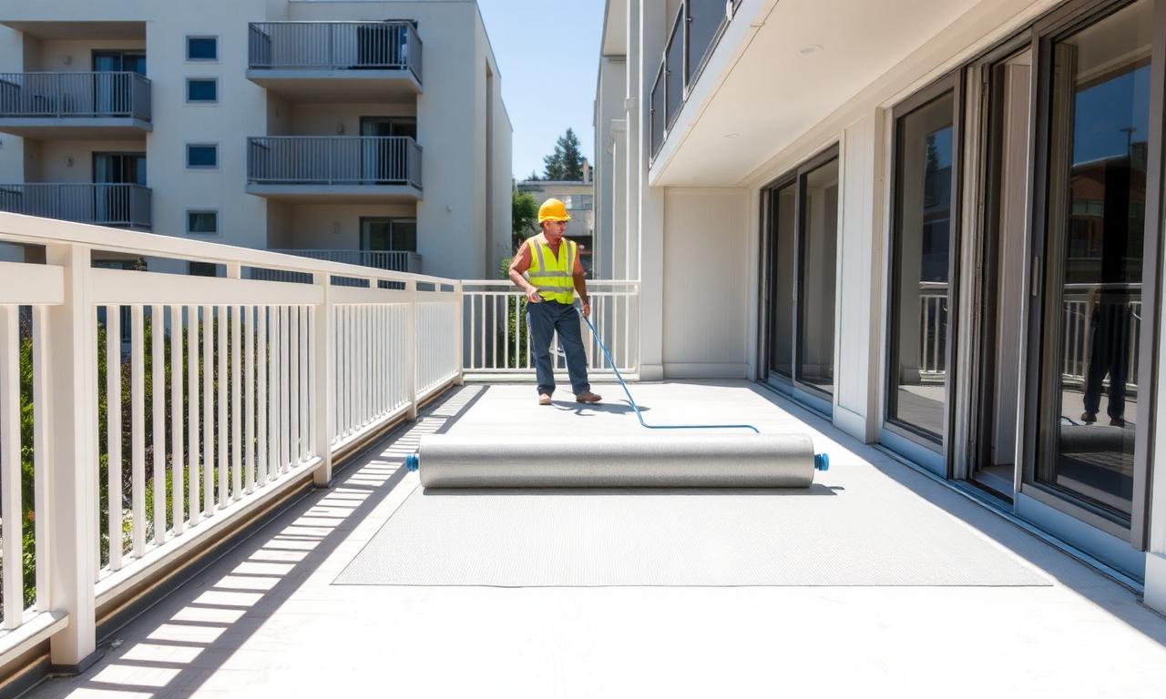 Construction crew installing fiberglass-reinforced waterproof elastomeric deck coating on a multi-family balcony deck in Placer County California