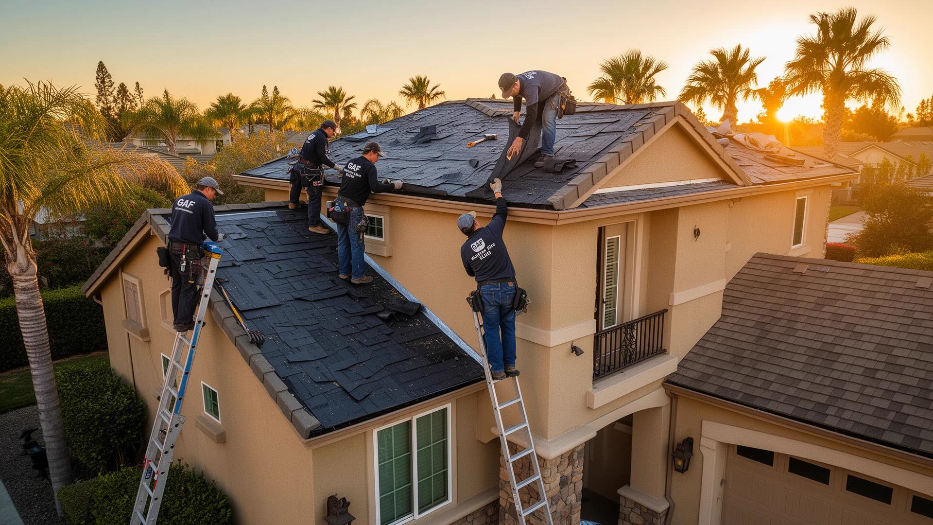 GAF Master Elite roofing contractor installing new architectural shingles on a Laguna neighborhood home in Elk Grove California