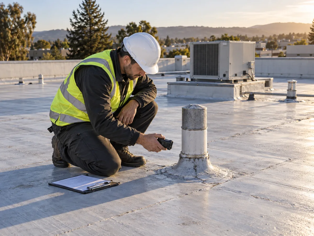 Illustration of a commercial roof inspector documenting a roof penetration and membrane condition