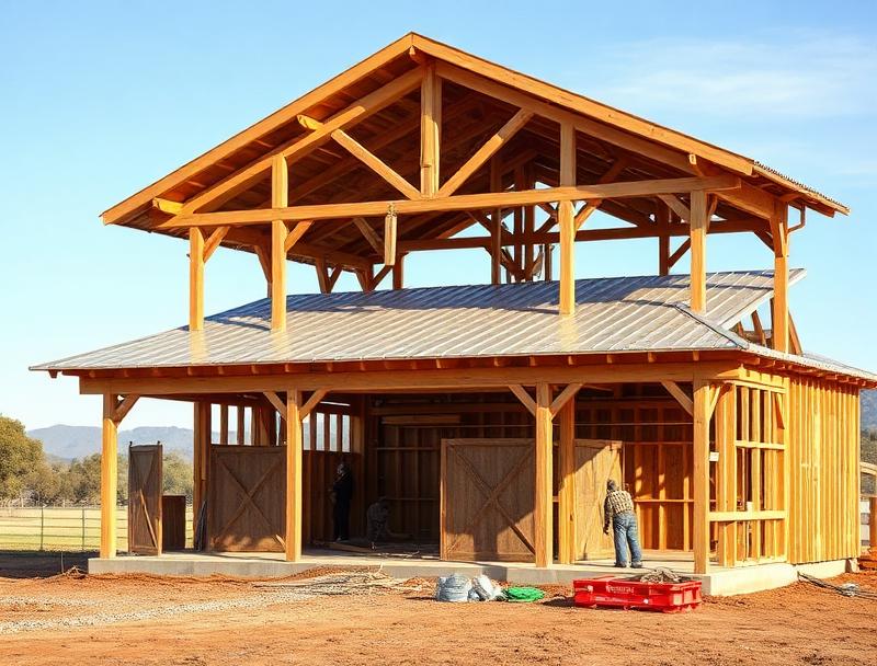 Construction Pressler Properties timber frame barn construction in progress in Northern California