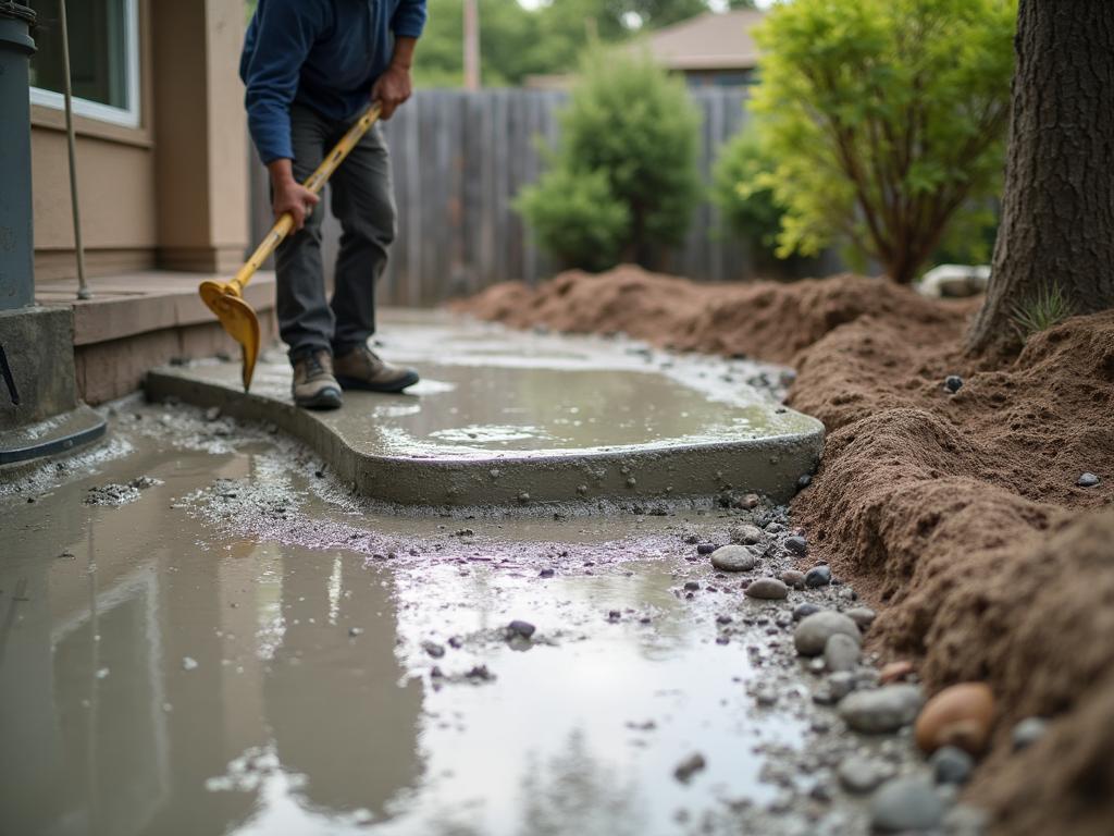 Installation Pressler Properties concrete crew pouring and finishing patio in Sacramento California