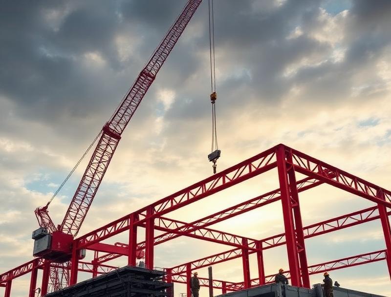 Pressler Construction red iron steel building erection with crane in Sacramento California