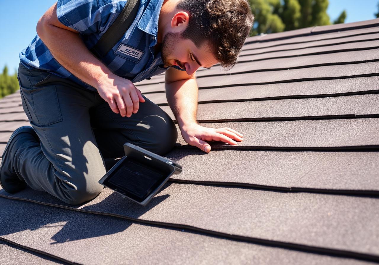 On-Site Assessment Pressler roof inspector documenting shingle condition with tablet during on site roof inspection in Placer County California