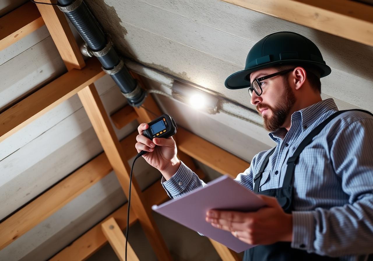 Pressler roof repair technician using moisture meter to diagnose attic leak source in Sacramento California