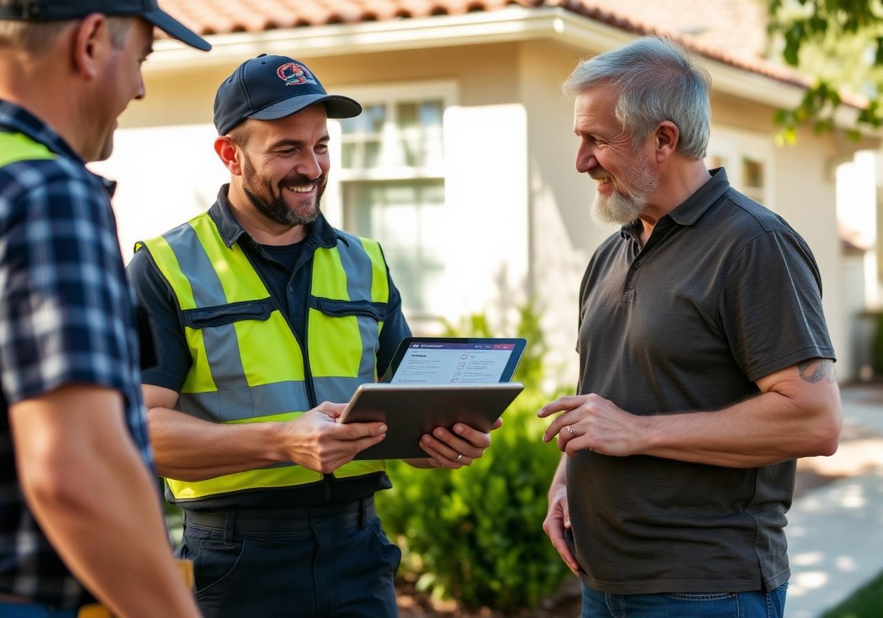 Pressler roofing contractor reviewing roof repair options on tablet with homeowner in Placer County California