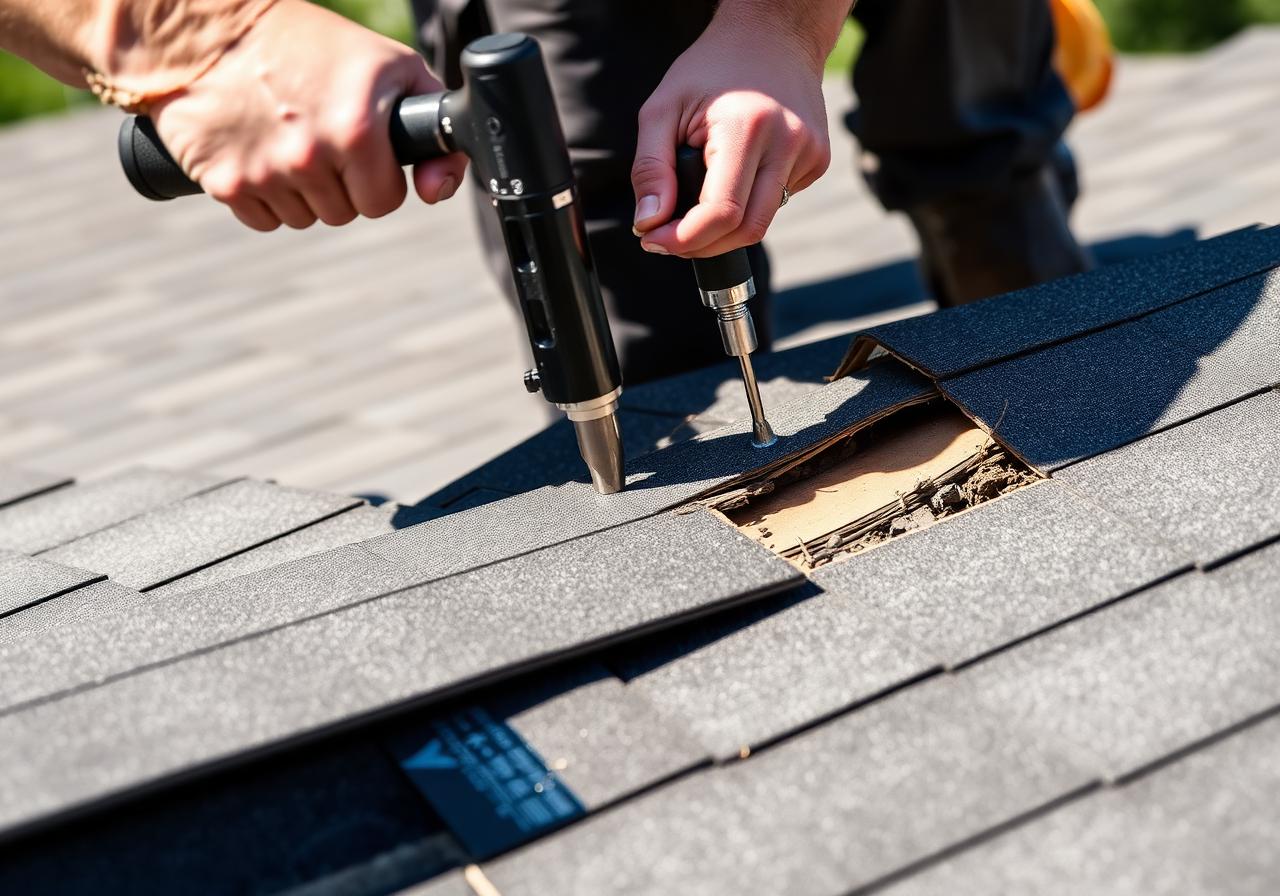 Pressler roofer fastening replacement asphalt shingles during roof repair in Rocklin California