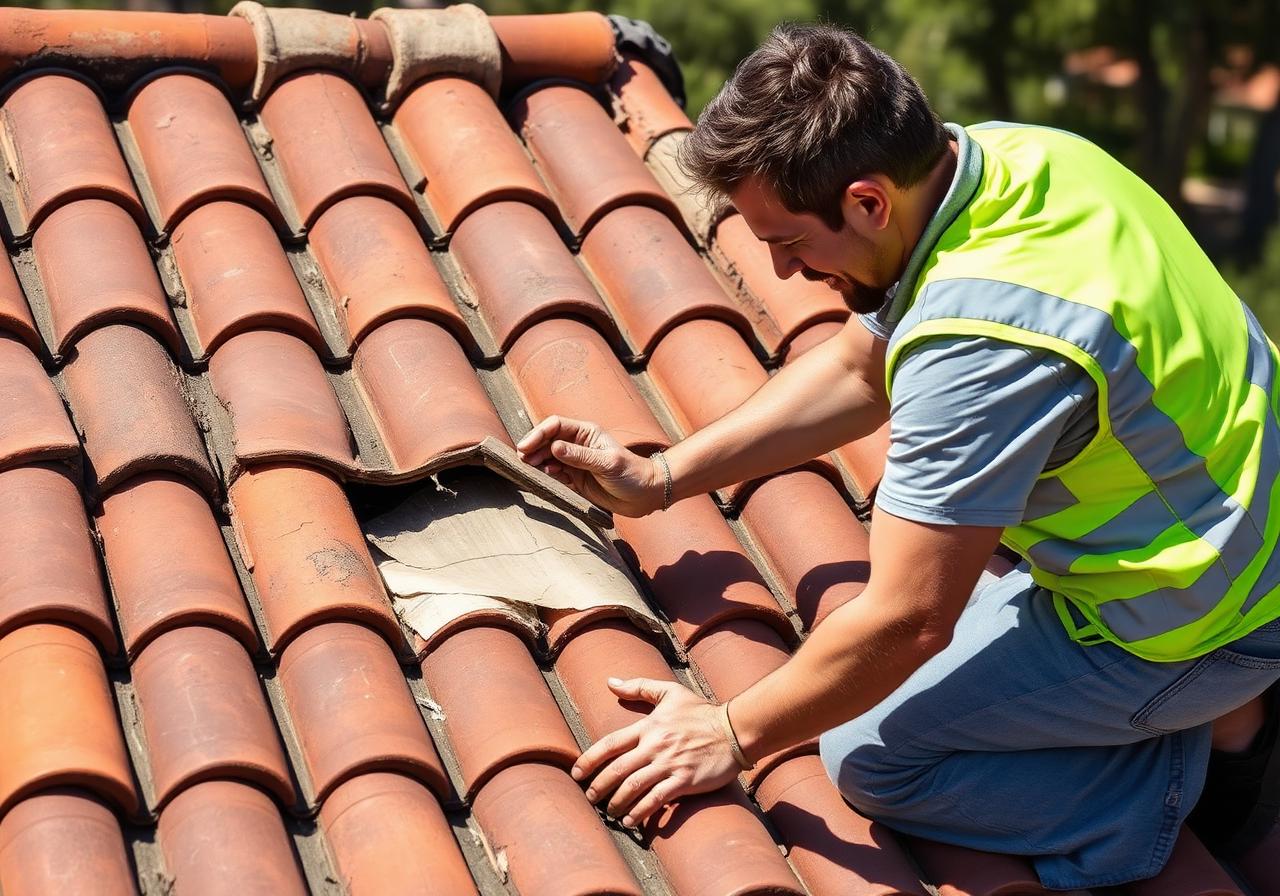 Pressler roofer lifting Spanish clay tile to inspect underlayment during tile roof inspection in Sacramento California