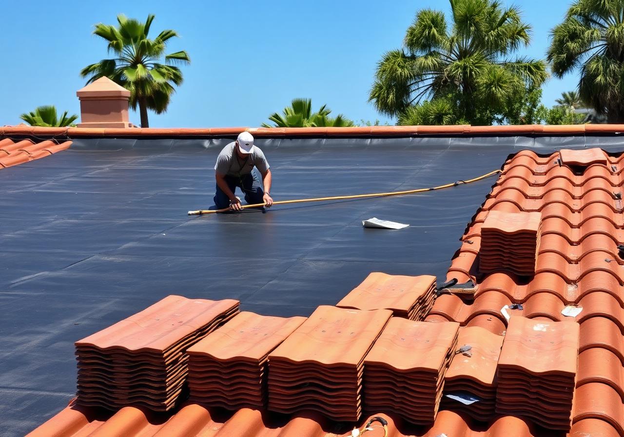 Pressler crew installing fresh underlayment with original clay tiles stacked aside during tile roof repair in Northern California