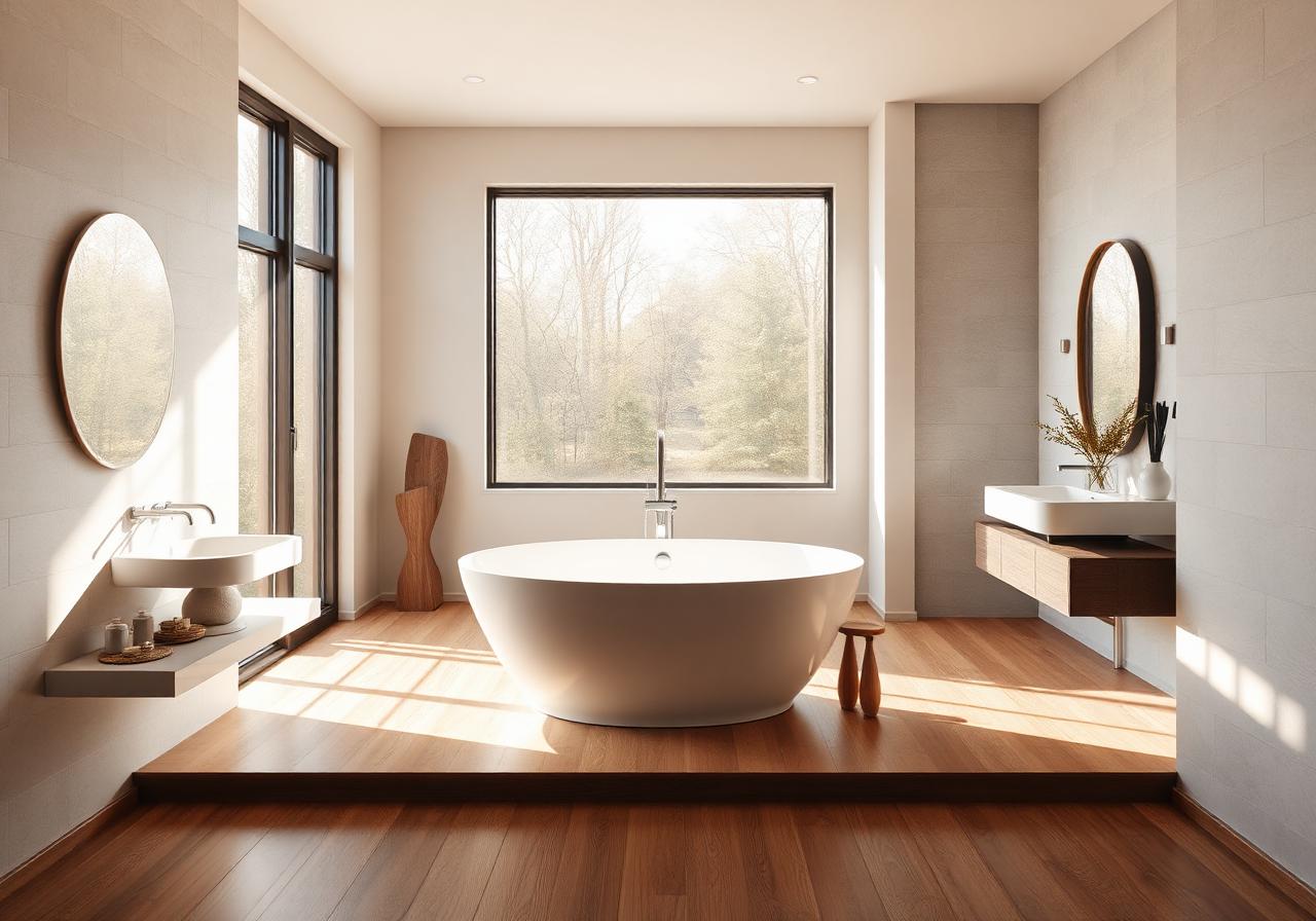Freestanding soaking tub beside a large picture window in a wooded Granite Bay master bathroom