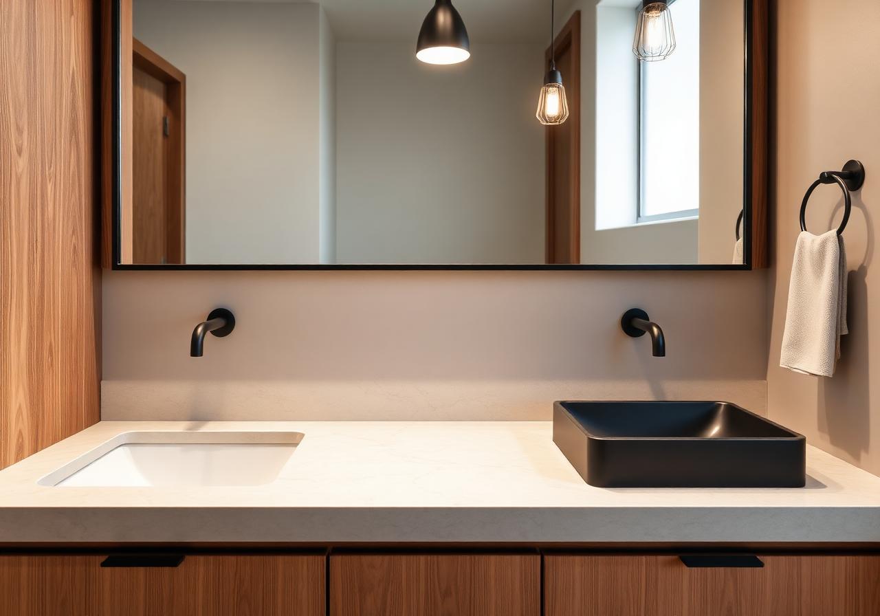 Custom double vanity with stone slab counter and matte black fixtures in a Granite Bay master bath
