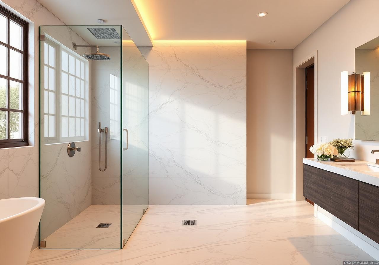 Frameless glass walk in shower with marble tile and rainfall head in a luxury Placer County bathroom