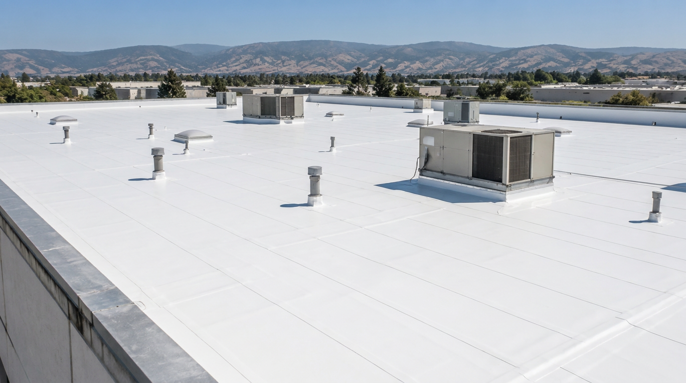 Illustrative view of a renewed white TPO commercial roof after replacement