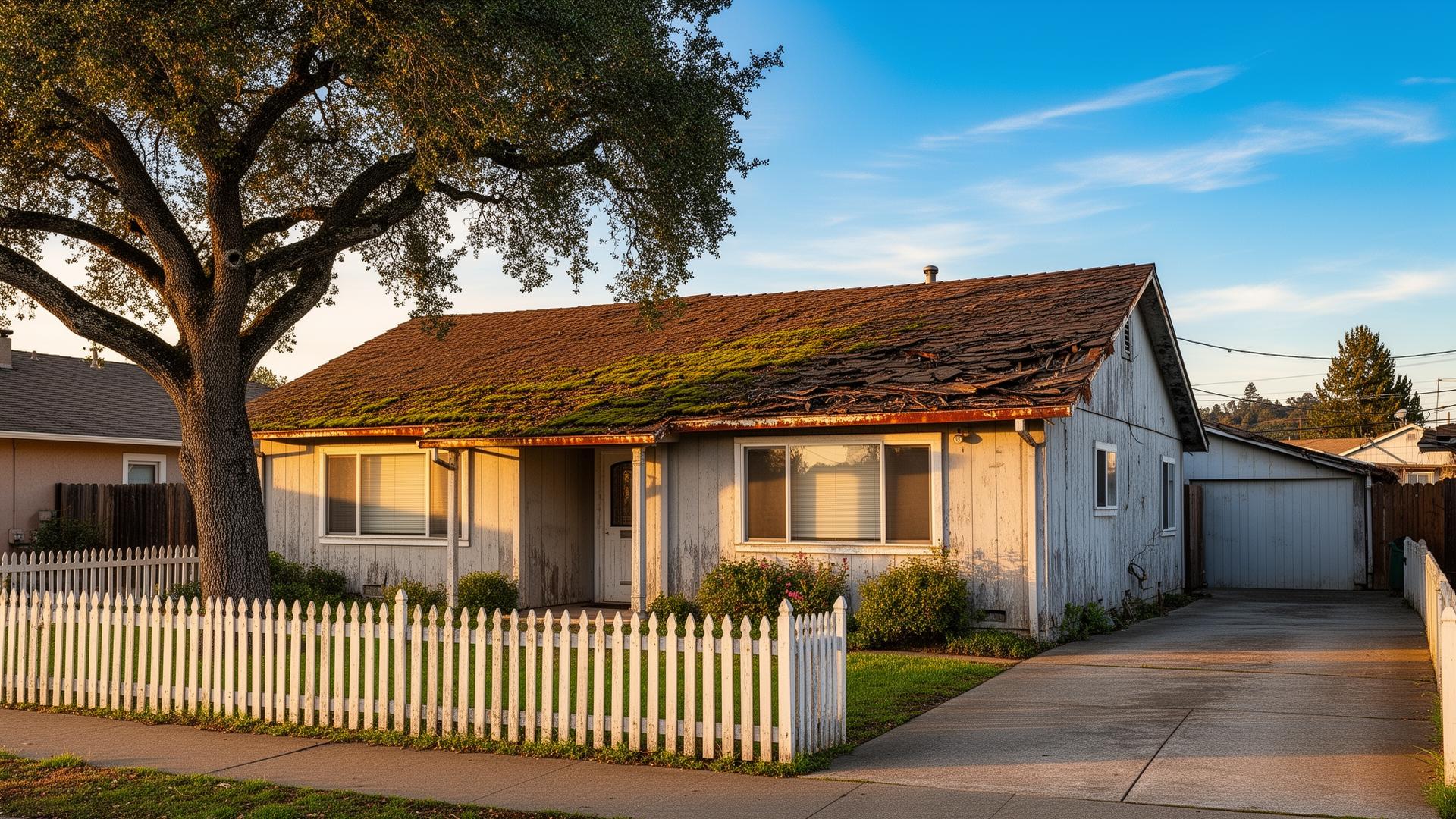 Old worn shingle roof in need of replacement in Sacramento California