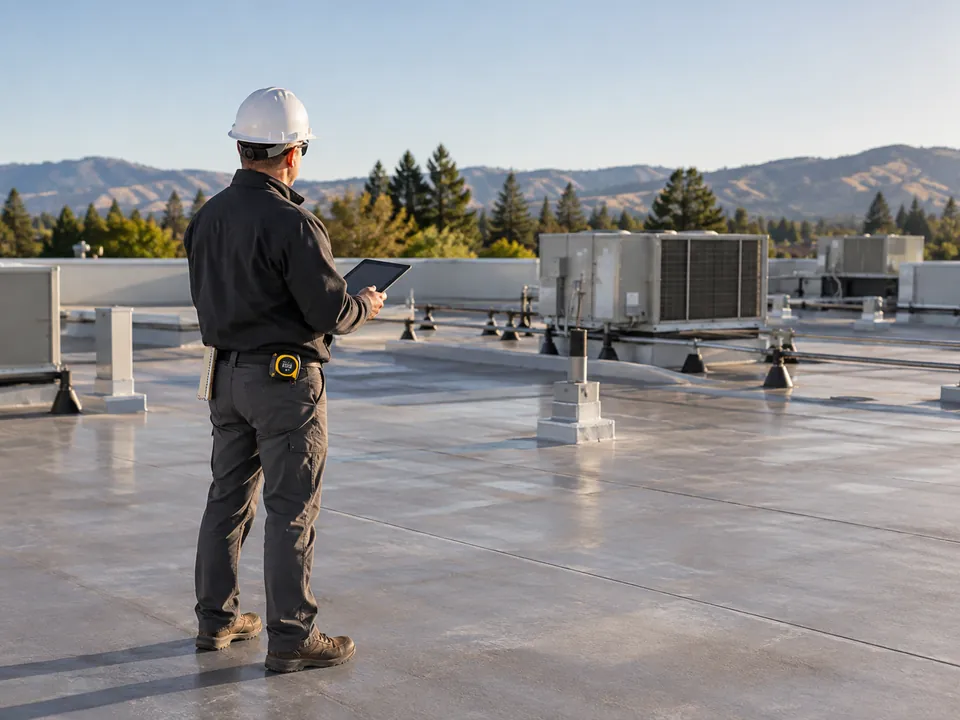 Illustration of a commercial roof inspector surveying membrane and rooftop equipment