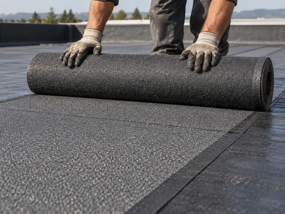 Illustration of a roofer unrolling granulated modified-bitumen cap sheet