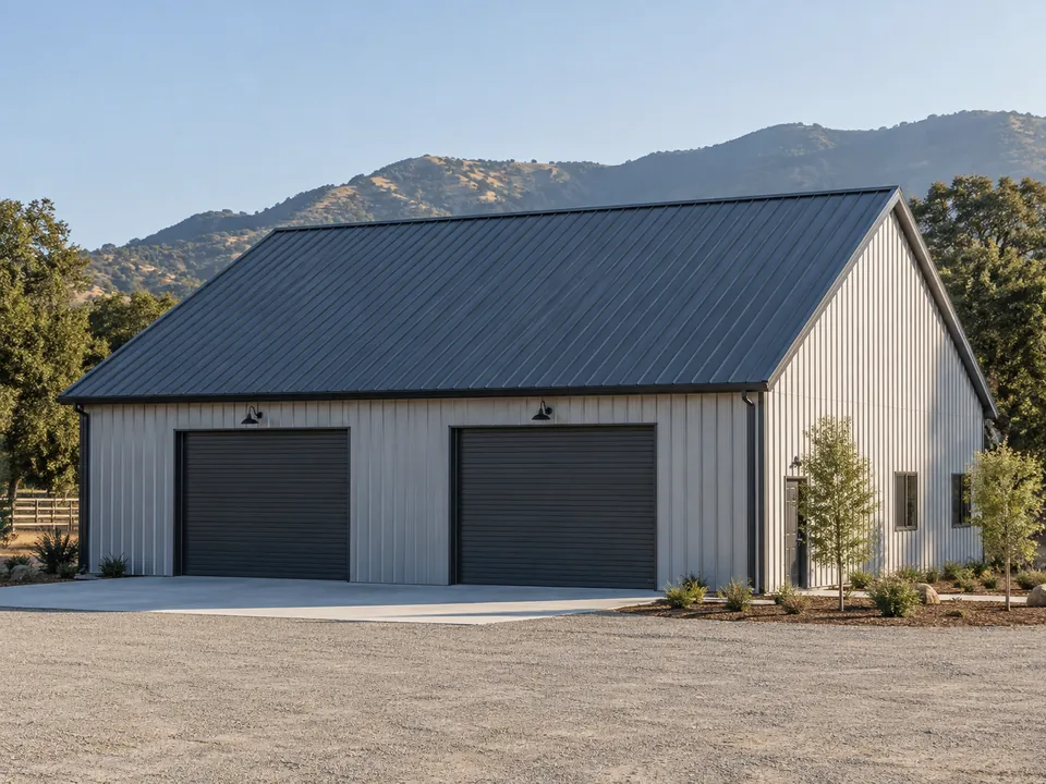 Illustration of standing-seam metal roofing on a commercial workshop