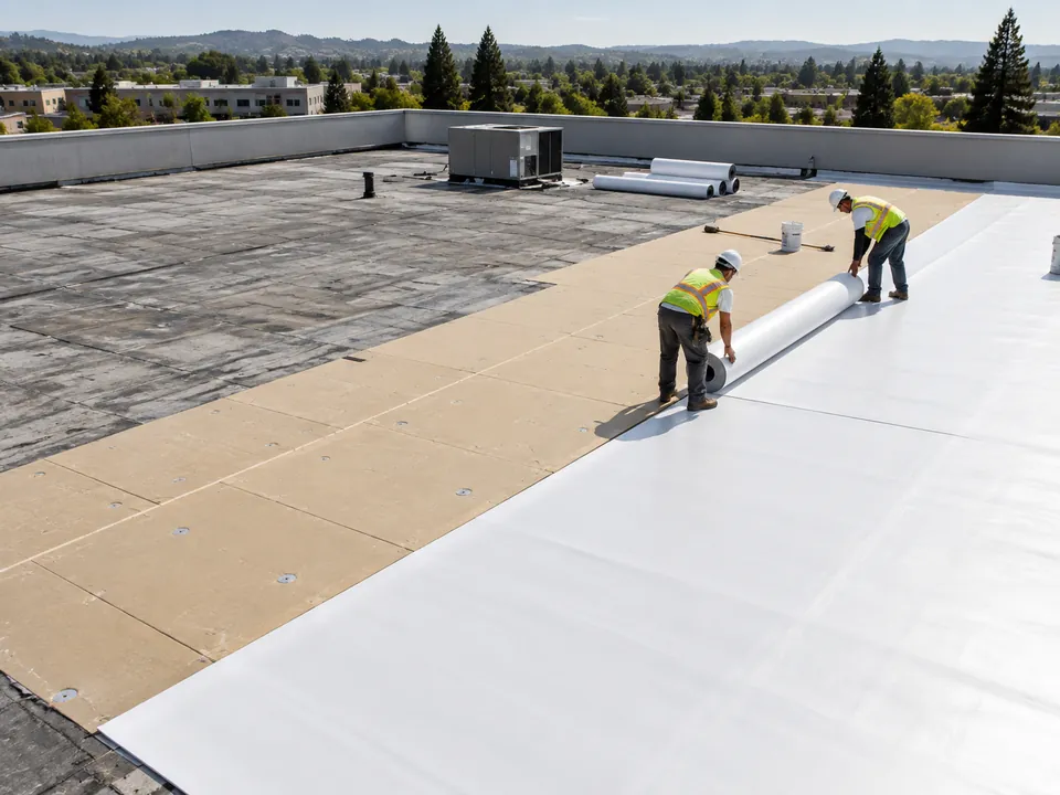 Illustration of commercial roof replacement showing insulation and new membrane installation